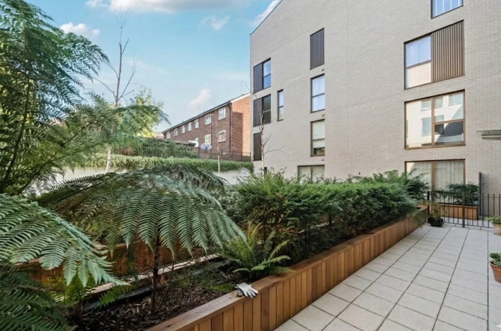 Private terrace with tree ferns and raised planted beds at The Avenue, Queen's Park NW6
